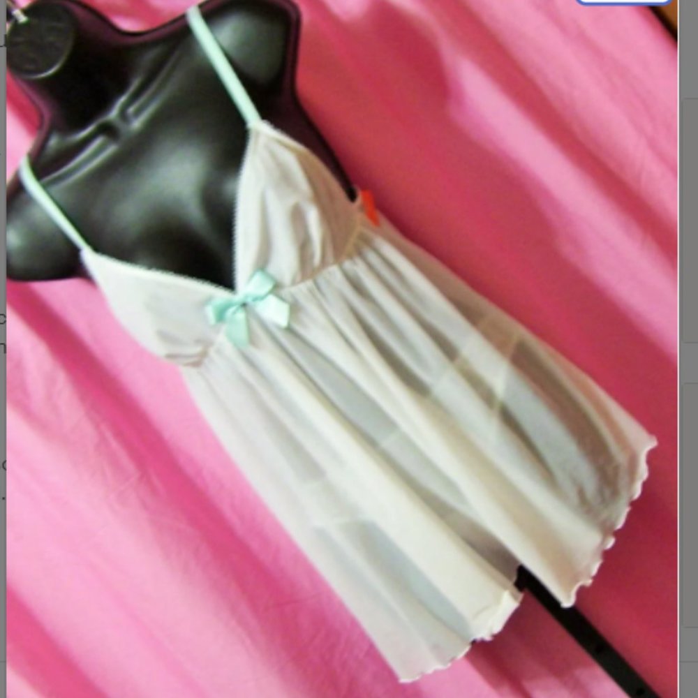 Sheer White Turquoise Trim 2 Pcs Baby Doll Chemise Nightgown  Size M NWOT